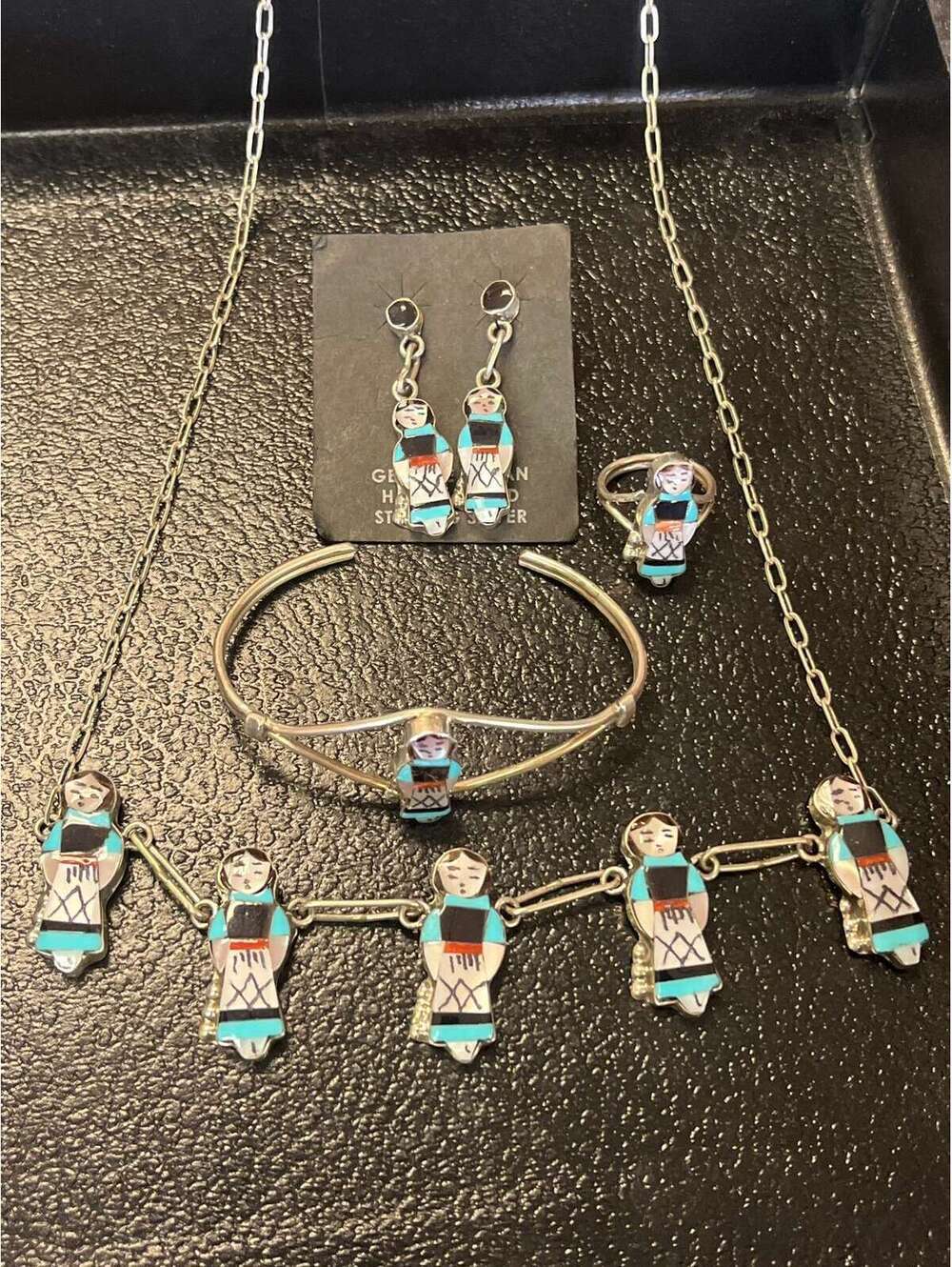 Zuni sterling silver maiden set multi stone inlay necklace with ring, earrings